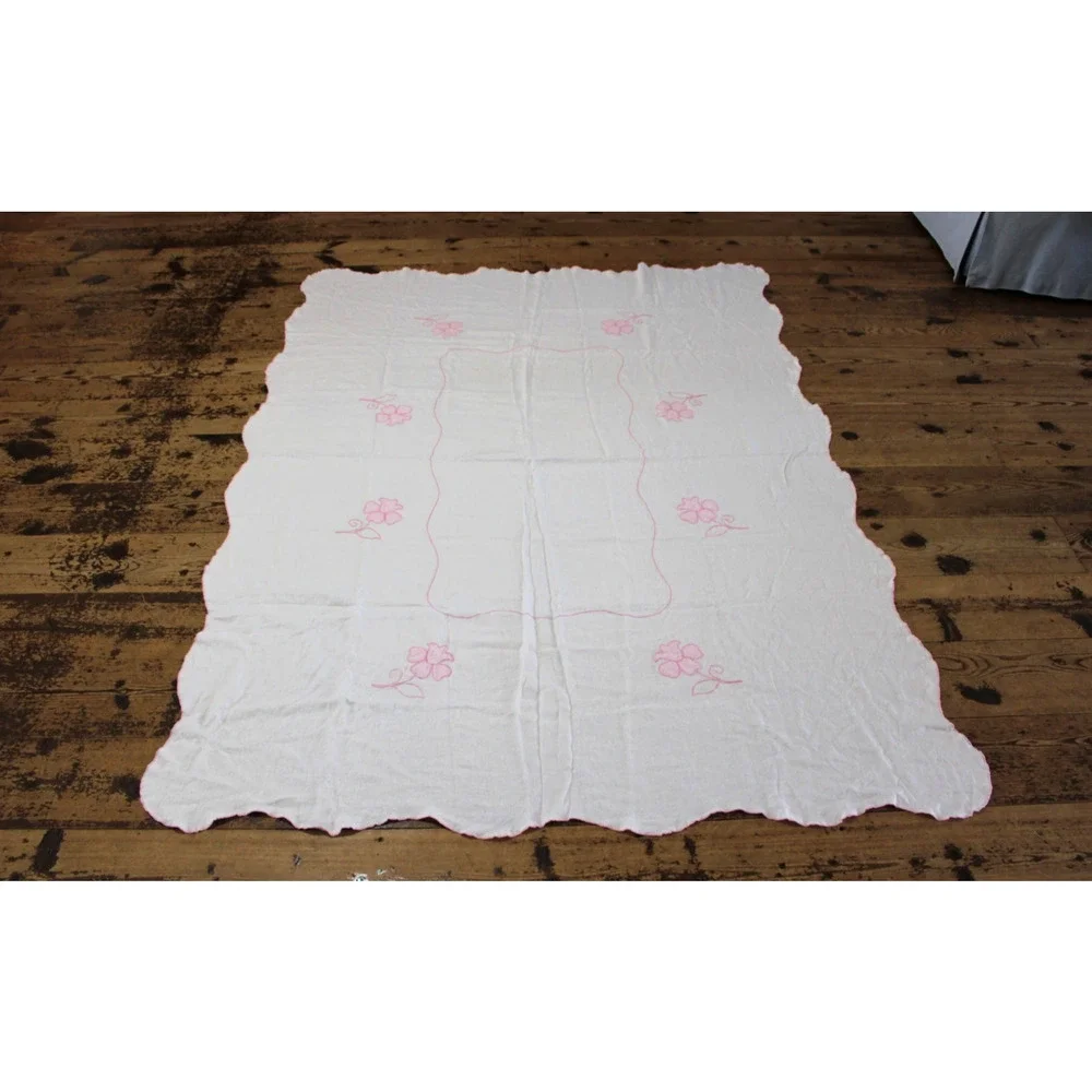 Vintage MCM Pink Applique Tablecloth 80x58 Scalloped Edge Retro Cottage